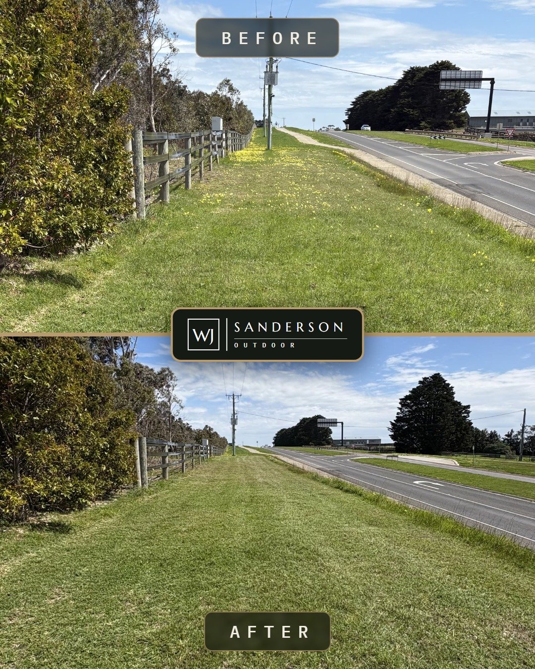 Before and after lawn mowing in Geelong: a long roadside grass strip slashed and mown clean