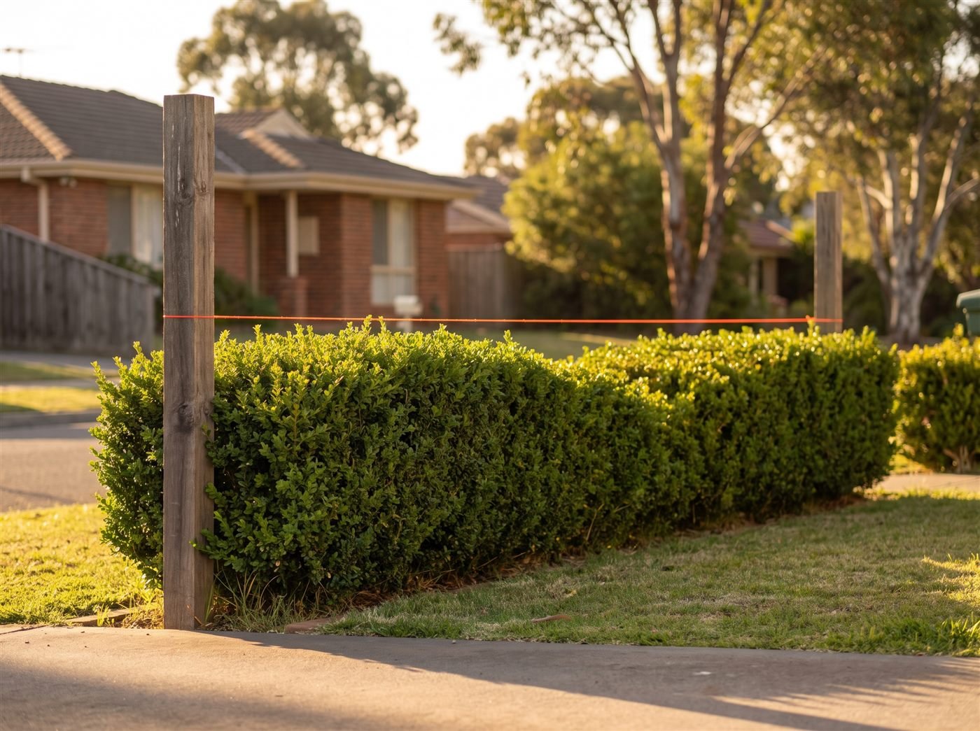 A hedge with a timber stake at each end and a bright orange builder's string line stretched level across the top as a cutting guide