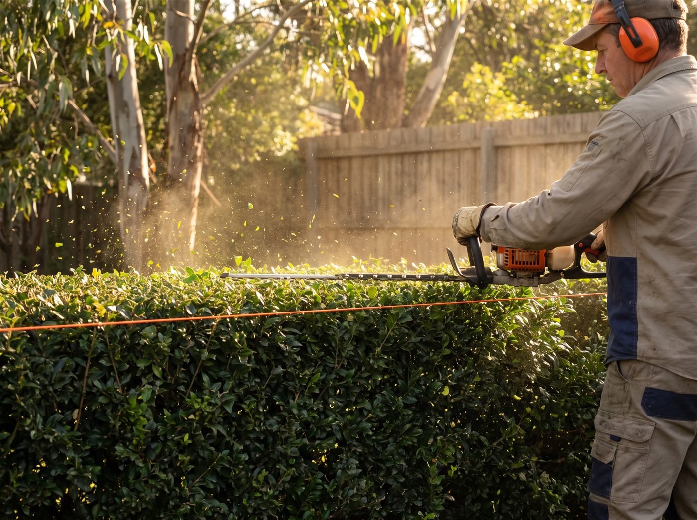 A gardener holding a hedge trimmer perfectly flat, cutting the top of a hedge just above a taut orange string line