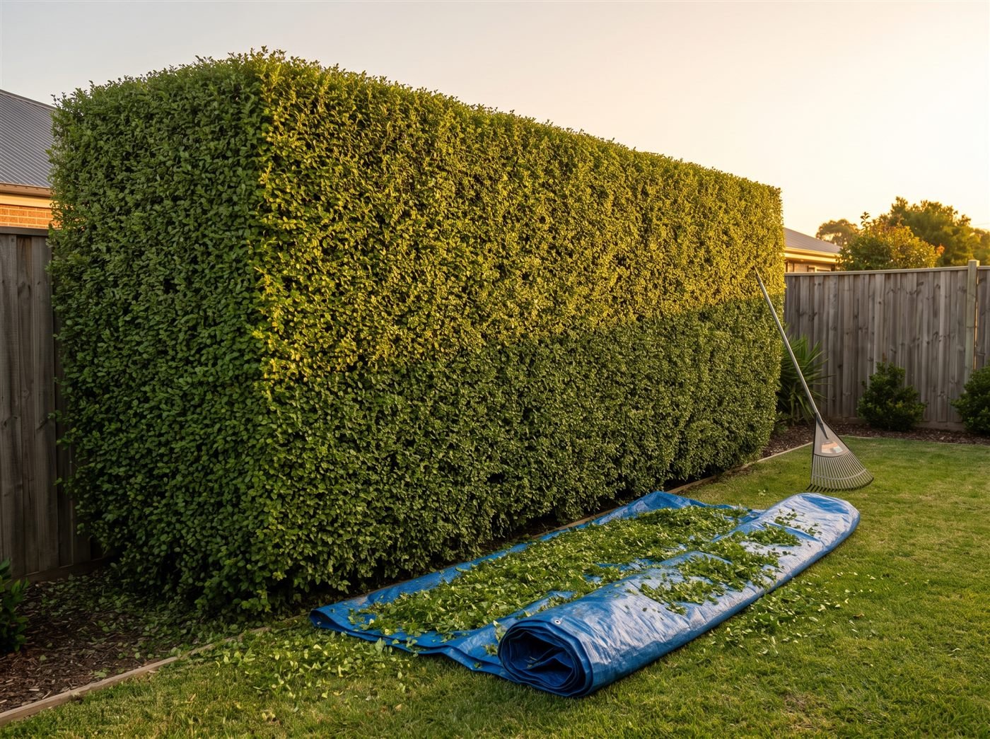 A finished, perfectly straight hedge at dusk with a tarp of clippings on the lawn below